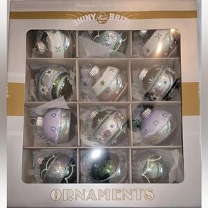 Christopher Radko Christmas 12ct Stencil Green Shiny Brite Ornaments Lavendar